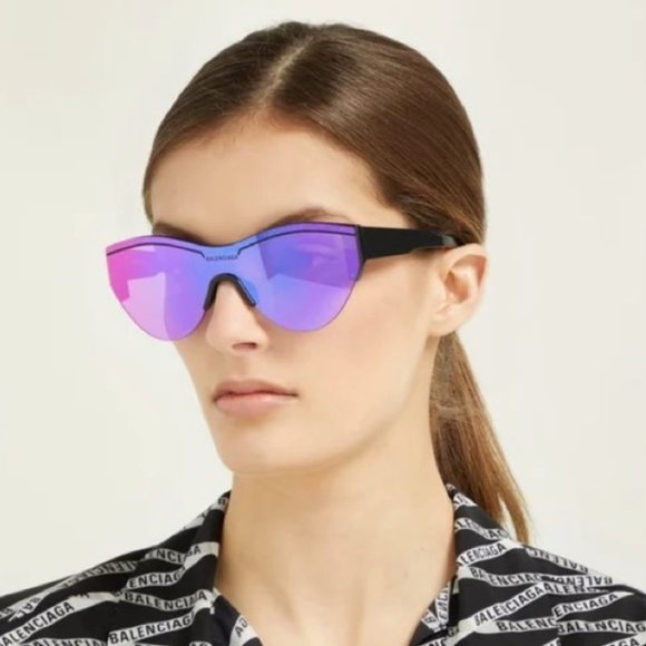 BALENCIAGA BB0004S PURPLE SKI CAT ACETATE MIRRORED SUNGLASSES KARDASHIAN JENNER - Picture 1 of 6
